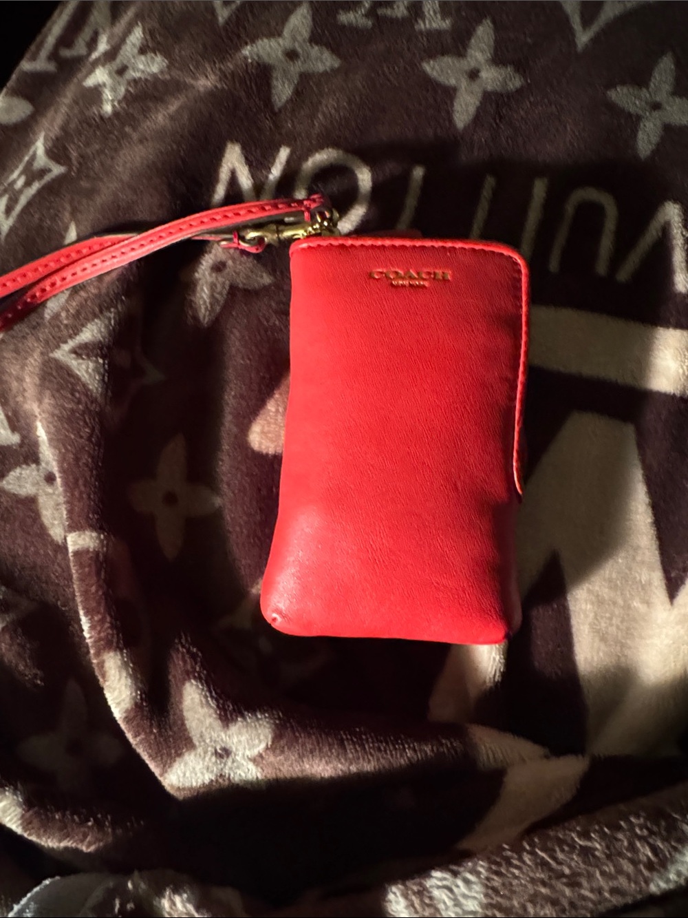 Coach Red Leather Wristlet Phone Case with Gold Logo